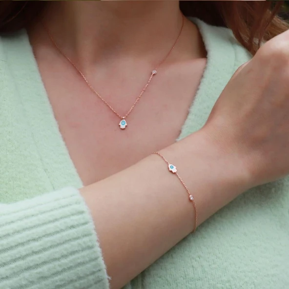 Fatma Ana El Figürlü Zirkon Taşlı Mine İşli Rose Gold Kaplama Gümüş Set ürün görseli 1