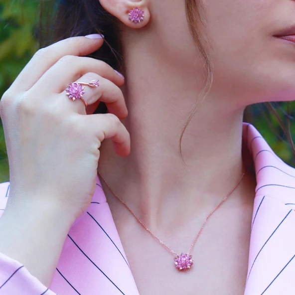 Pembe Kuvars Taşlı Lotus Çiçcekli Gümüş Set ürün görseli 1