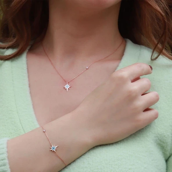 Kutup Yıldızı Figürlü Zirkon Taşlı Mine İşli Rose Gold Kaplama Gümüş Set ürün görseli 1