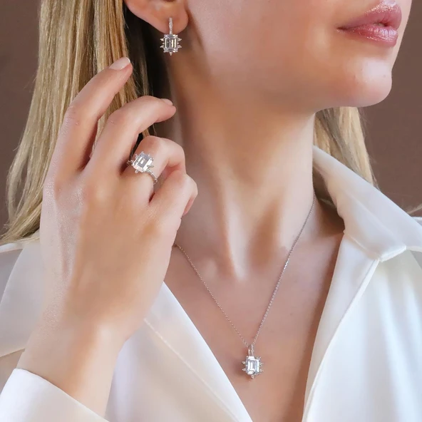 Zirkon Taşlı Kare Lotus Çiçeği Gümüş Set ürün görseli 1