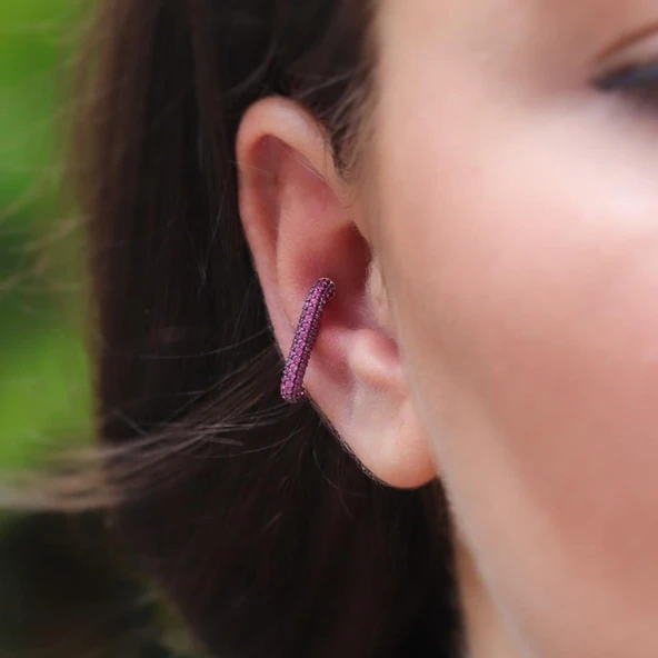 Fuşya Renkli Zirkon Rose Gold Kaplama Gümüş Kıkırdak Küpe ürün görseli 1