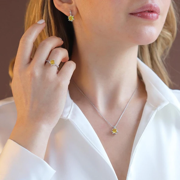 Lotus Çiçeği Sitrin Taşlı Gümüş Set ürün görseli 1