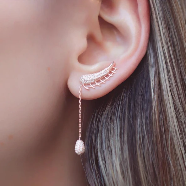 Kulağı Saran Sallantılı Zirkon Taşlı Rose Gold Kaplama Gümüş Küpe ürün görseli 1