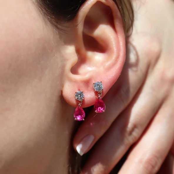 Pembe Zirkon Taşlı Damla Rose Gold Kaplama Gümüş Küpe ürün görseli 1