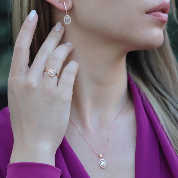 Baget Kesim Oval Montürlü Zirkon Taşlı Rose Gold Kaplama Gümüş Set ürün görseli 1