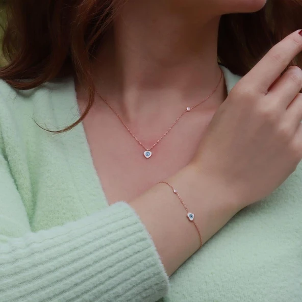 Kalp Figürlü Zirkon Taşlı Mine İşli Rose Gold Kaplama Gümüş Set ürün görseli 1