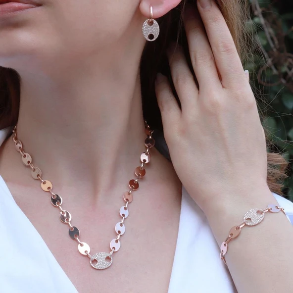Düğme Modeli Zirkon Taşlı Rose Gold Kaplama Gümüş Set ürün görseli 1