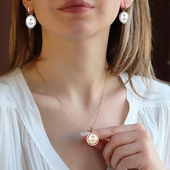 Apm Monaco Model Deniz Çapası Renkli Zirkon Taşlı Rose Gold Kaplama Gümüş Set ürün görseli 1