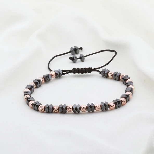 Hematit Taşlı Dörtgen Rose Gold Kaplama Gümüş Makrome Erkek Bilekliği ürün görseli 1