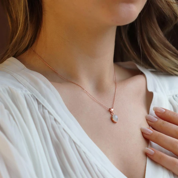 Ay Taşlı Rose Gold Kaplama Doğal Taş Gümüş Kolye ürün görseli 1