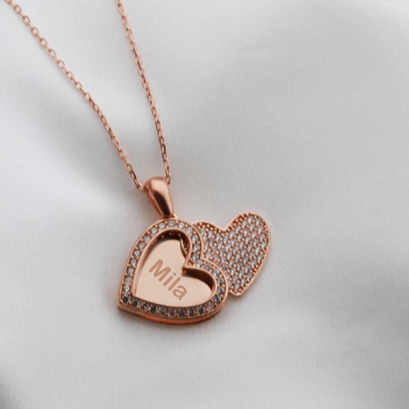 Kişiye Özel Kalp Zirkon Taşlı Rose Gold Kaplama İsim Yazılabilir Kolye ürün görseli 1