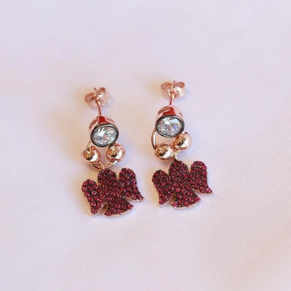 Fuşya Zirkon Taşlı Mini Melek Figürlü Rose Gold Kaplama Gümüş Küpe ürün görseli 1