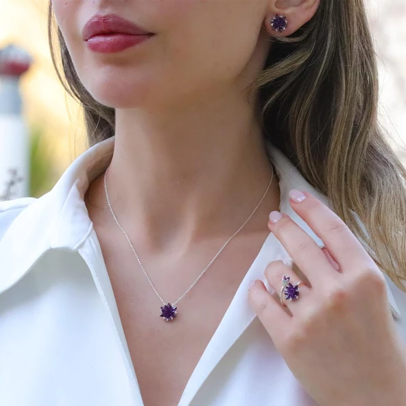 Ametist Taşlı Lotus Çiçekli Gümüş Set ürün görseli 1