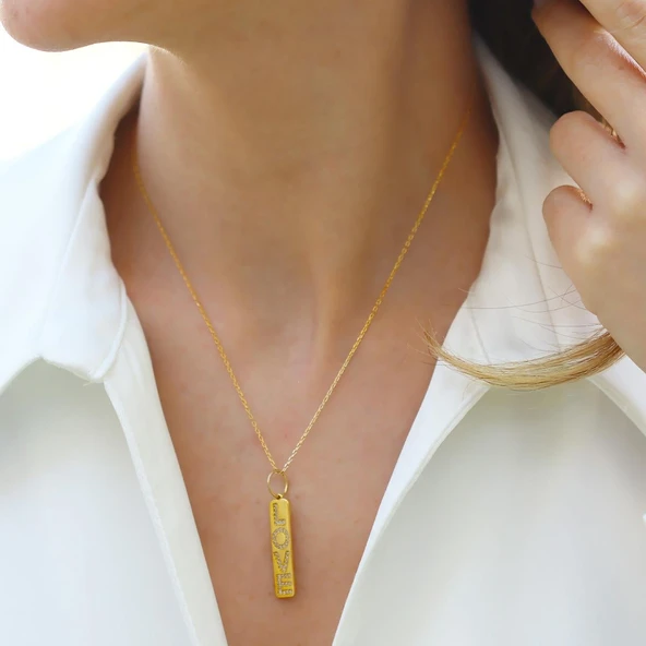 Love Taşlı Plaka Gold Gümüş Kolye - Resim 3