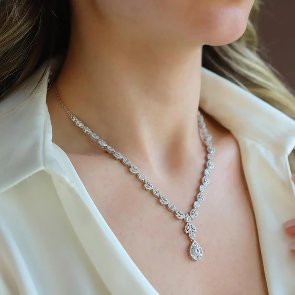 Damla Başak Modeli Zirkon Taşlı Gümüş Set - Resim 2