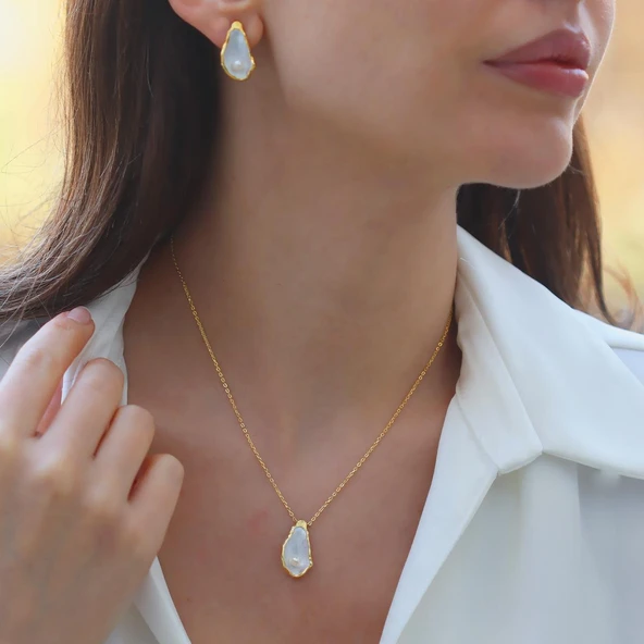 İstiridye İncili Damla Gold Gümüş Set ürün görseli 1