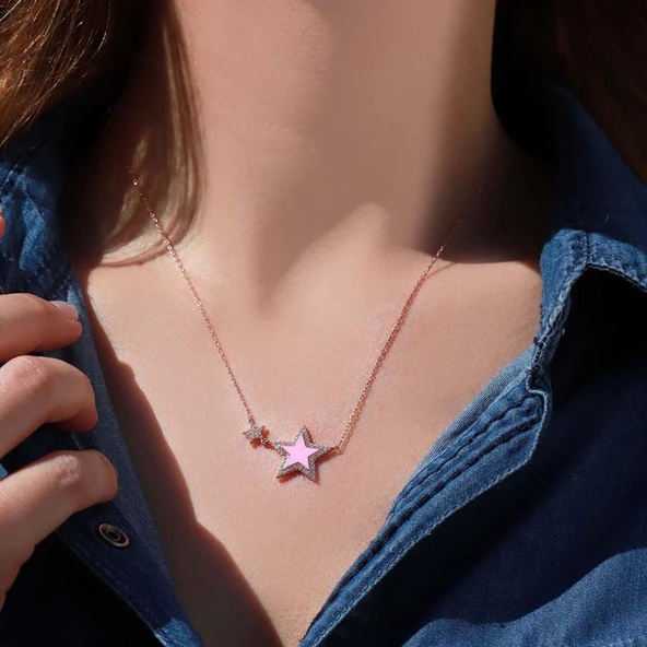 Pembe Yıldız Zirkon Taşlı Rose Gold Kaplama Mine İşli Gümüş Kolye ürün görseli 1