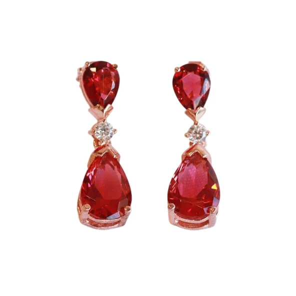 Lal Taşlı Damla Model Rose Gold Kaplama Gümüş Küpe ürün görseli 1