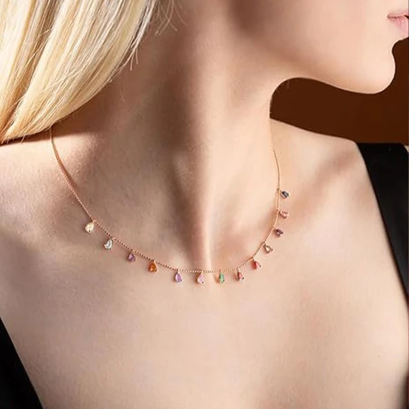 Rose Altın Kaplama Renkli Zirkon 925 Ayar Gümüş Trend Kolye ürün görseli 1