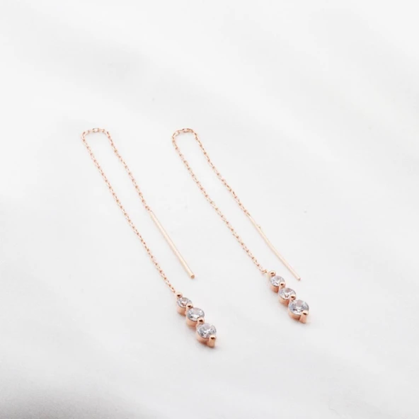 Tria Model Zirkon Taşlı Rose Gold Kaplama Gümüş Zincir Küpe ürün görseli 1
