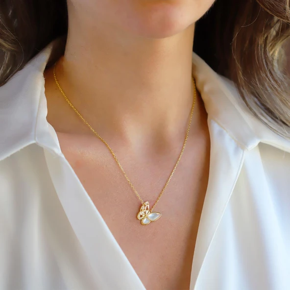 Kelebek Sedefli Gold Gümüş Kolye ürün görseli 1