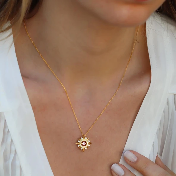 Pembe Zirkon Taşlı Gold Kaplama Lodestar Gümüş Kolye ürün görseli 1