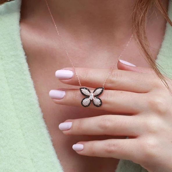 Siyah Zirkon Taşlı Kelebek Model Rose Gold Kaplama Gümüş Kolye ürün görseli 1