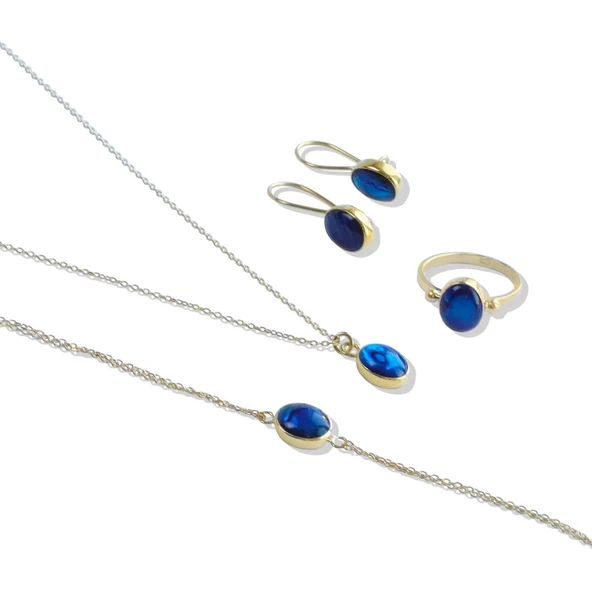 Labradorit Gold Kaplama Doğaltaş Gümüş Set - Resim 6