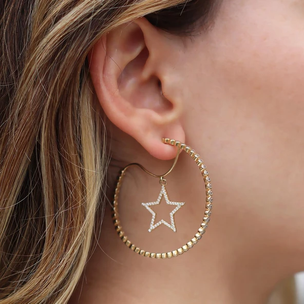 Star Halka Zirkon Taşlı Gold Kaplama Gümüş Küpe ürün görseli 1