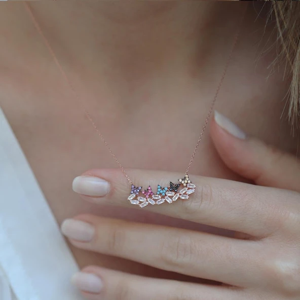 Renkli Zirkon Taşlı Baget Kelebek Modeli Rose Gold Kaplama Gümüş Kolye ürün görseli 1