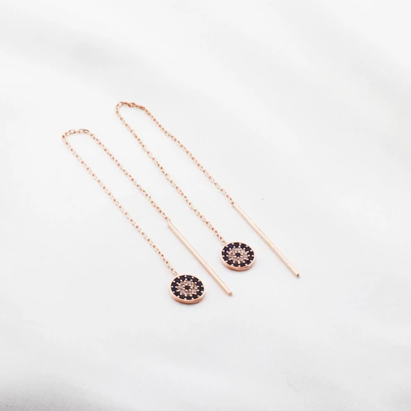 Zirkon Taşlı Nazar Boncuklu Rose Gold Kaplama Gümüş Zincir Küpe ürün görseli 1