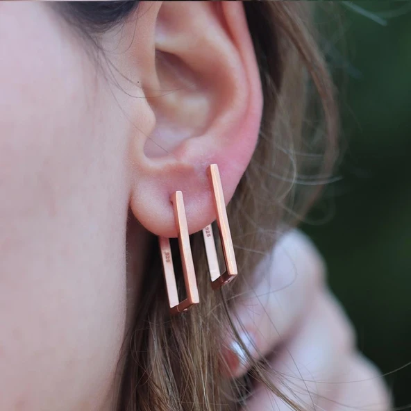Rose Gold Kaplama Dikdörtgen Halka Gümüş Halka Küpe ürün görseli 1