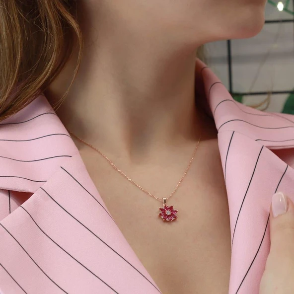 Fuşya Mini Kamelya Çiçeği Rose Gold Kaplama Gümüş Kolye ürün görseli 1