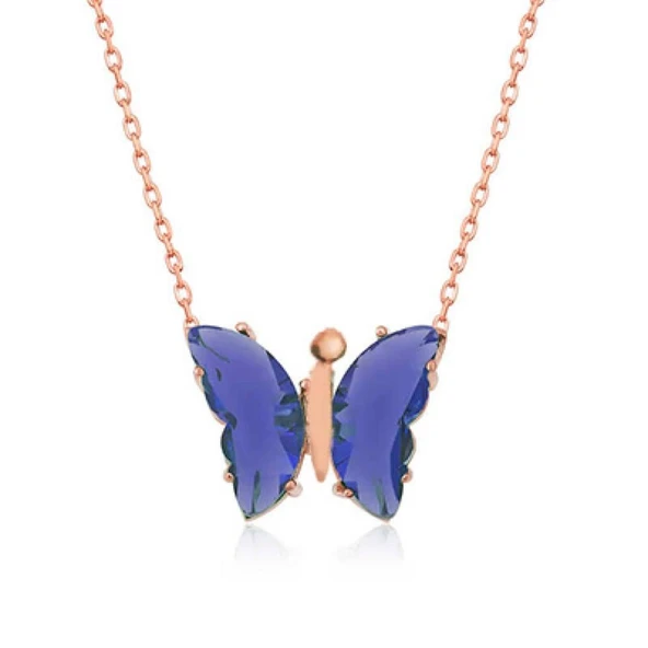 Lacivert Kelebek Model Rose Gold Kaplama Zirkon Taşlı Gümüş Kolye ürün görseli 1