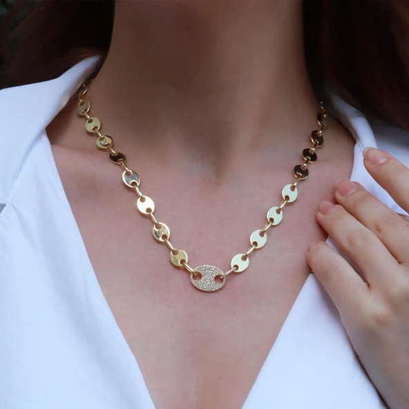 Düğme Modeli Zirkon Taşlı Gold Kaplama Gümüş Zincir Kolye ürün görseli 1