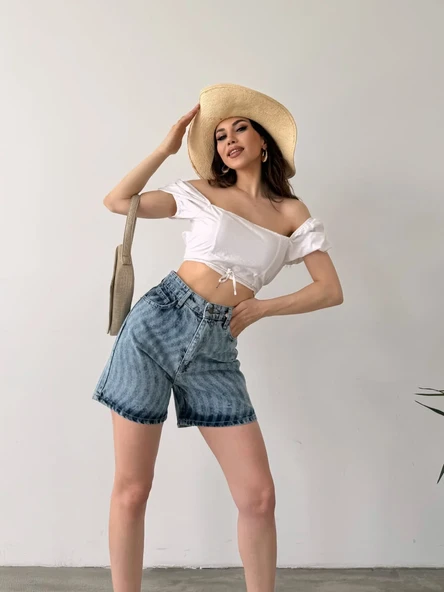 Paçası Püsküllü Desenli Denim Şort - Resim 6