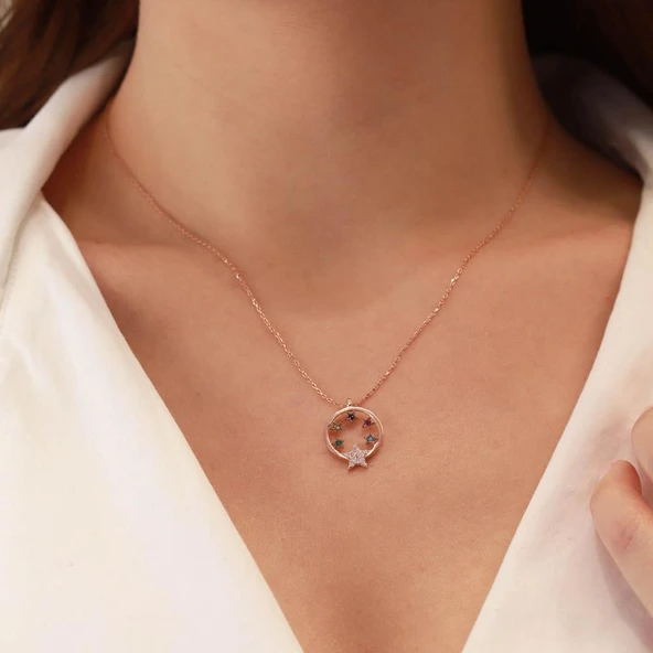 Yıldız Hilal Renkli Zirkon Taşlı Rose Gold Kaplama Gümüş kolye ürün görseli 1
