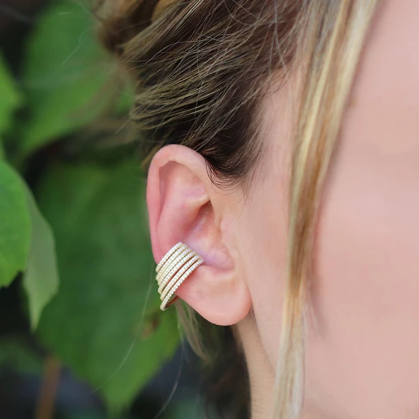Ear Cuff Zirkon Taşlı Gold Kaplama Gümüş Kıkırdak Küpe ürün görseli 1