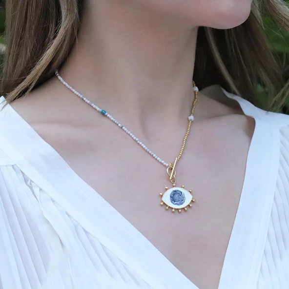 Mine İşli Göz Modeli Gold Kaplama Doğaltaşlı Gümüş Kolye ürün görseli 1