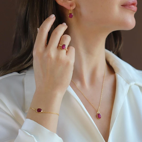 Yakut Gold Kaplama Doğaltaş Gümüş Set ürün görseli 1