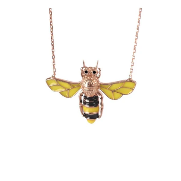 Arı Figürlü Mine İşli Zirkon Taşlı Rose Gold Kaplama Gümüş Kolye ürün görseli 1