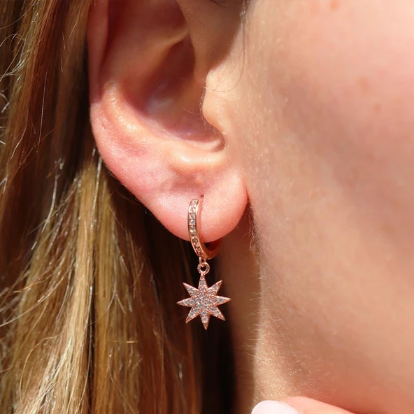 Zirkon Taşlı Kutup Yıldızı Rose Gold Kaplama Gümüş Küpe ürün görseli 1