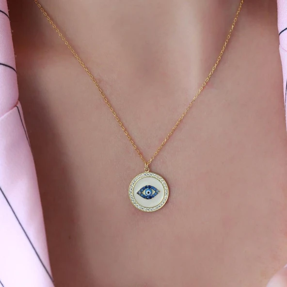 Göz Model Zirkon Taş Çerçeveli Gold Kaplama Gümüş Kolye ürün görseli 1