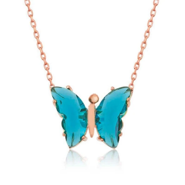 Mavi Kelebek Model Rose Gold Kaplama Zirkon Taşlı Gümüş Kolye ürün görseli 1