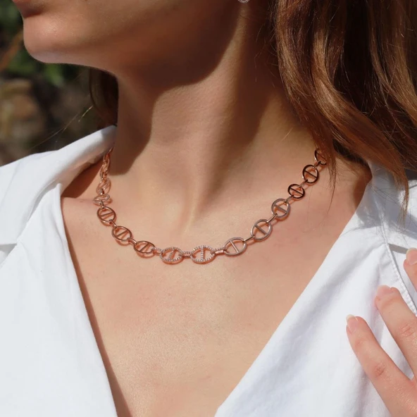 Trend Düğme Modeli Zirkon Taşlı Rose Gold Kaplama Gümüş Kolye ürün görseli 1