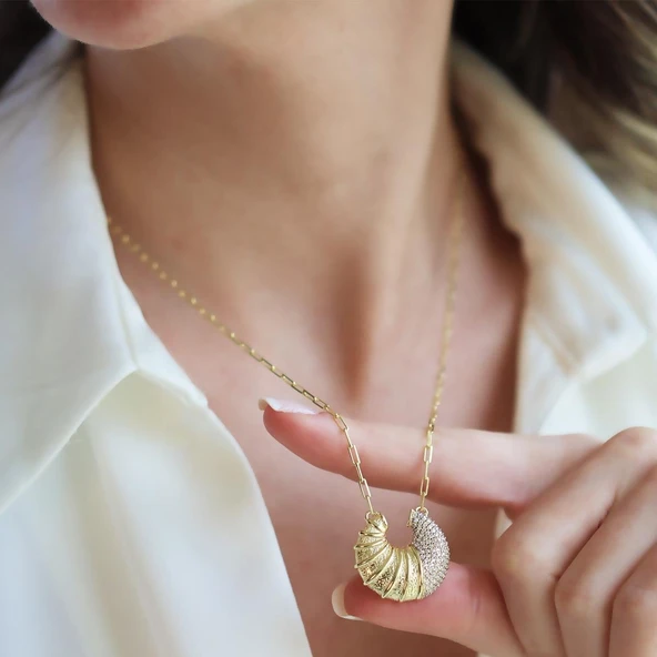 Kruvasan Gold Zirkon Taşlı Gümüş Kolye ürün görseli 1