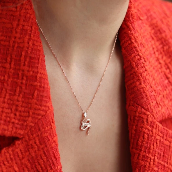 Yılan Modeli Zirkon Taşlı Rose Gold Kaplama Gümüş Kolye ürün görseli 1