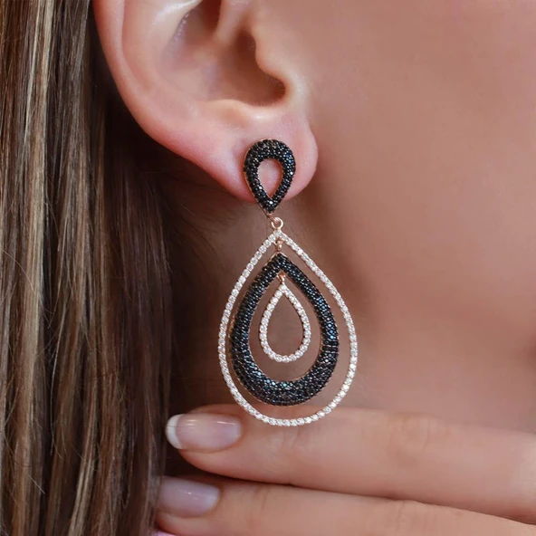 Siyah Zirkon Taşlı Rose Gold Kaplama Damla Model Gümüş Küpe ürün görseli 1