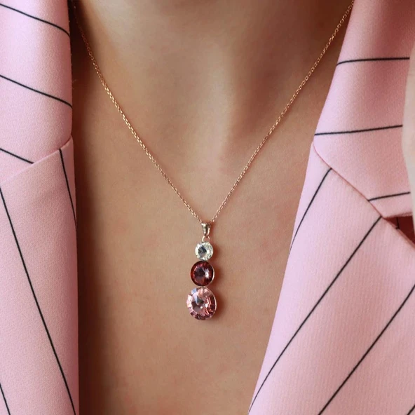 Round Kesim 3 Taşlı Rose Gold Kaplama Gümüş Kolye ürün görseli 1