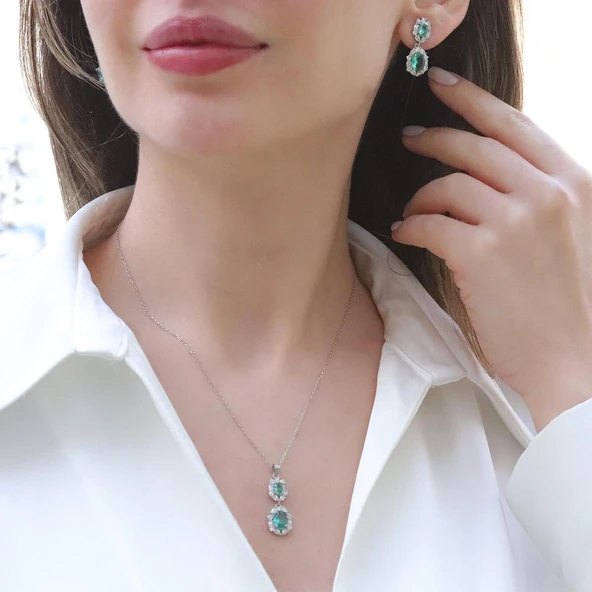 Elips Çiçek Paraiba Taşlı Gümüş Set ürün görseli 1